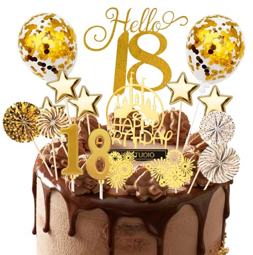 AIYONG Happy 18th Birthday Decoración para Tartas, 18 años Niña Niño pastel Topper, Oro con Glitter Estrella Globo Pastel Topper para Fiesta de Cumpleaños Aniversario Niñas Niños 18 años
