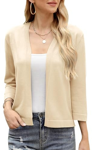 Aottori Coprispalle Donna Elegante Cardigan Corto Manica a 3/4 Bolero a Maglia Giacca Corta con Scollo a V Matrimonio per Estivo Primavera Albicocca XL