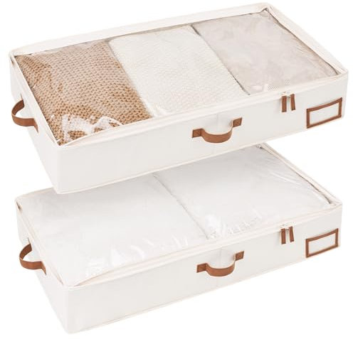 StorageWorks Aufbewahrungsbox unter dem Bett, große Unterbett Aufbewahrung mit Deckel, robuste Stoff-Unterbett Aufbewahrungsbox, Bettkasten Box für Schlafzimmer, elfenbeinweiß, 2 Stück