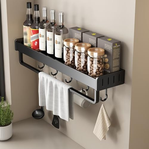COITROZR Gewürzregal Wand,Gewürzhalter&Gewürzregale Ohne Bohren,Gewürz Organizer mit Handtuchhalter und Haken,Spice Rack,Küchenregal Hängend aus Metall, Regal Küche Wand,50 x 13,8 x 5,5 cm,Schwarz
