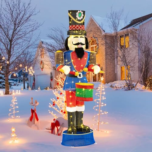 GOPLUS 185 CM Soldado Cascanueces Grande de Navidad, Soldado Tocando el Tambor, Soldado Decorativo Iluminado con 100 Luces LED, Decoración Navideña Exterior e Interior para Jardín Patio (Azul)