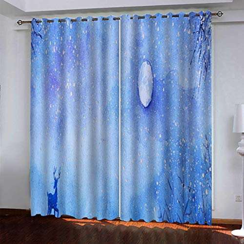 Verdunkelungsvorhänge mit Ösen für Wohnzimmer und Schlafzimmer, wärmeisoliert, Kindervorhänge mit 3D-Tier-Elch-Blau-Malerei, Druck, Heimdekoration, Fensterbehandlungen, geräuschreduzierend, 2 Paneele,