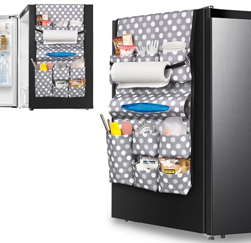 Rexmica Mini Fridge Organizer, Dust Cover with 14 Pockets for Most Household Refrigerators, Hanging Mini Fridge Caddy Organizer Storage Bag for Dorm, Office, Kitchen, Home, School, Dots