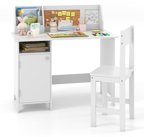 LIFEZEAL Escritorio Infantil con Silla de Madera y Taquilla (Blanco B)