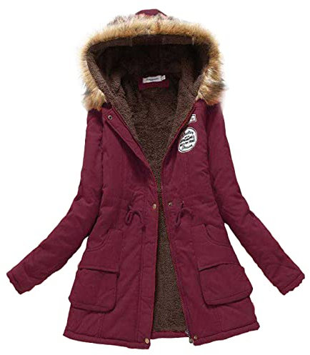 Fleecejacke für Damen, durchgehender Reißverschluss, Reißverschlusstasche, Puffermantel, Pelzbesatz, Outdoor-Daunenjacken mit Kordelzug, Winterjacken für Damen, UK-Parka-Jacke für Damen, wein, S
