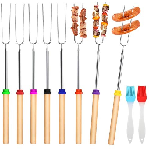 Grillspieße Teleskop Marshmallow, Stockbrot Spieße Marshmallow Spieße Stockbrot Stöcke, Grillspieße mit zwei Ölpinseln, Grillstab mit isolierten Griffen für Camping Grill (8 Farben, 31-81cm)