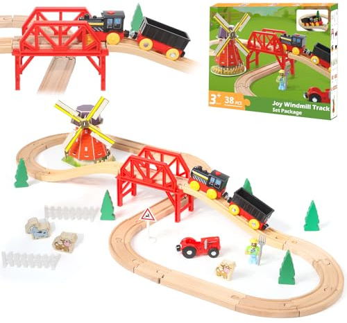 LZDMY Set di Treni in Legno per Bambini, 38 Pezzi di Ferrovia Elettrica Compatibile con i Binari Brio, Treno Giocattolo in Legno per 3 4 5 6 Anni Regalo di Treno Giocattolo per Ragazzi e Ragazze