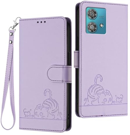 WBWONE Funda Cuero para Motorola Moto Edge 40 Neo Cartera Magnética Carcasa RFID, Ranuras Tarjetas/Soporte Plegable Patrón Gato Diseño - Púrpura