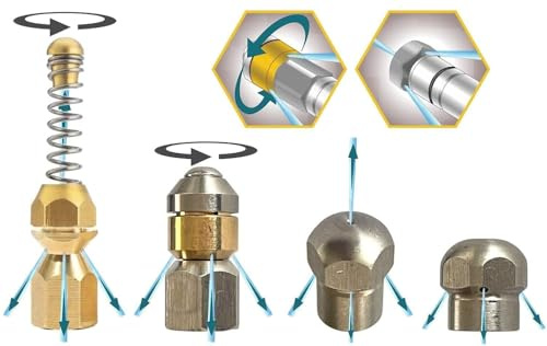 M&M Smartek 5x Kanalspüldüsen 1/8 Zoll IG, Starr & Rotierend | Fünf Düsentypen für verschiedene Rohrablagerungen; Edelstahl, 1/8-Zoll-Anschluss und bis 4000 PSI im Einsatz belastbar.