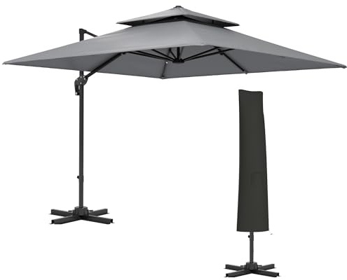 Outsunny 3 x 3(m) Cantilever Parasol with Aluminium Frame, Crank and Tilt, 360-Degree Rotation, Double Top Garden Umbrella with Cover (Only Cross Base), Light Grey