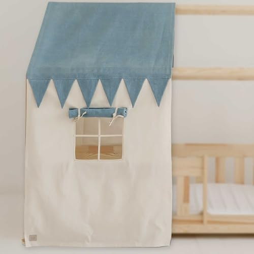 Moi Mili Betthimmel-Haus-Optik Hausbett-Vorhang Jeans 350 x 125 cm Betthimmel in Hausform mit Fenster für Kinderbett Bettdekoration Hausbetthimmel Hausbett Dekoration
