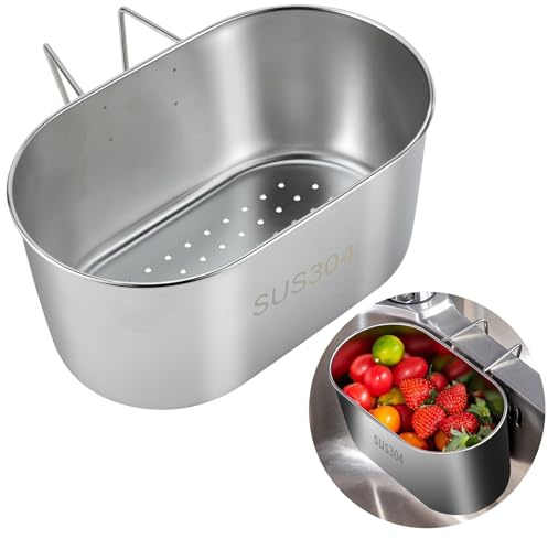 Stainless Steel Sink Drain Strainer Basket, 7.7 * 4.7 * 3.7 Inch Multifunction Hanging Oval Suction Cup Sink Strainer, Metal Sink Food Catcher for Kitchen Waste Filter or Wash Vegetables Fruits (1)