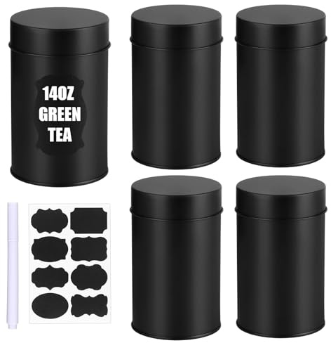 4 Pcs Tea Tin Canisters with Double Airtight Lids with Labels Marker | 14 oz Round Black Metal Tea Sugar Coffee Canisters Set Small Kitchen Container Storage for Loose Leaf Teas Spices