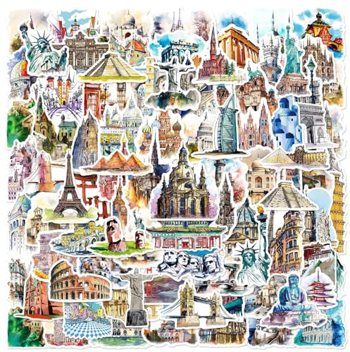 Famous Buildings Stickers 100PCS for Luggage Skateboard Guitar Laptop Water Bottle Helmet Scrapbook Phone Bicycle Computer,World Landmarks Build Waterproof Decals for Teens Girls Kids Adults