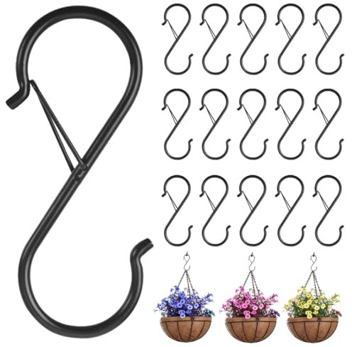 15 ganci a S da appendere con fibbia di sicurezza, gancio neri per appendiabiti, multiuso a S, in metallo, per cucina, officina, bagno, giardino, camera da letto, all'aperto