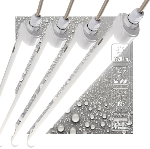 Proventa LED Feuchtraumleuchte 150cm 4-Pack IP65 46W 5520lm 4000K Neutralweiß - durchverdrahtet, verknüpfbar, Wannenleuchte, Werkstattleuchte, Garagenbeleuchtung, Kellerlampe, Leuchtstoffröhre