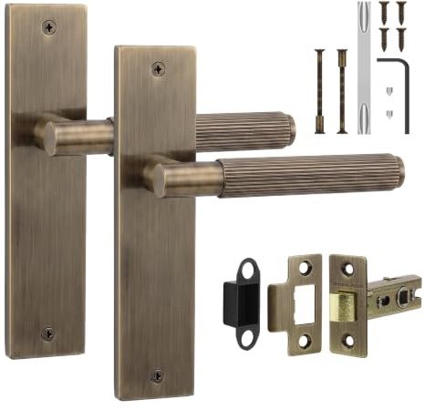 Decoranddecor Hera Antique Brass Door Handles Internal with Latch Kit | Tubular Latch Included, 64mm Fire Rated, No Key Needed, Interior Door Handles, 200x45mm Plate, Fixings