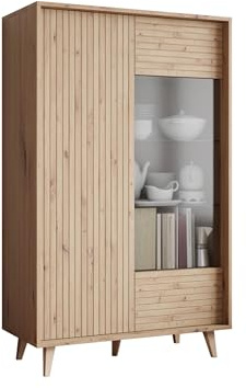 Mirjan24 Standvitrine Ferido 2D mit Glastür und Einlegeböden, Schrankvitrine, Standvitrine, gefräster Front, Griffloses Öffnungssystem (Eiche Artisan)