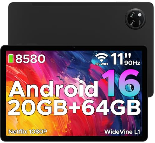 DOOGEE Tab A9+ Android 16 Tablet 11 Pulgadas, Unisoc T7200 Tablet Infantil 8580mAh, 20GB RAM+ 64GB ROM (TF 2TB), 13MP/FM/Face ID/WidevineL1/Bluetooth 5.0/Altavoces Duales/Jack 3.5mm, Negro