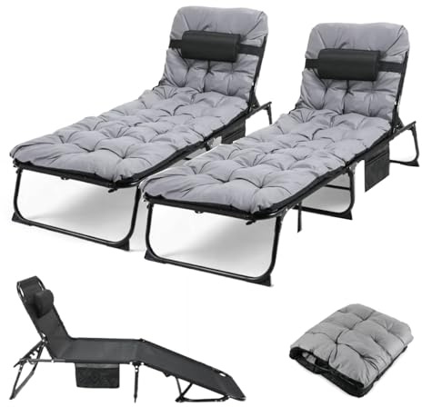 Clevich XL Liegestuhl mit wasserdichtem Kissen 2er set, klappbarer Sonnenliege mit Verstellbarer Rückenlehne, Seitenfach und Kopfkissen, 190x68x31 cm, maximale Belastung 150 kg, Strandliege für Garten