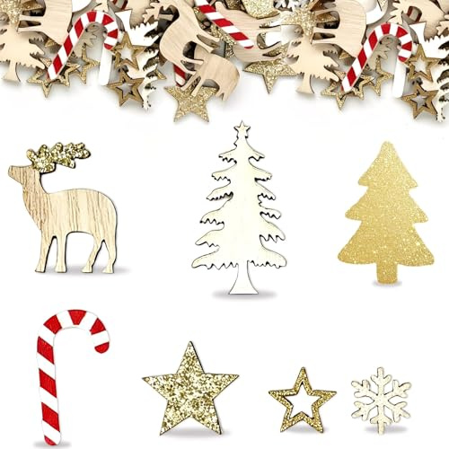 108 Stück Weihnachtsdeko Holz – Glitzer Streudeko Weihnachten, Holzornamente in Stern, Baum, Schneeflocke & Rentier Formen, Perfekte Tischdeko Weihnachten & Weihnachtsdeko Innen für Festliche Stimmung