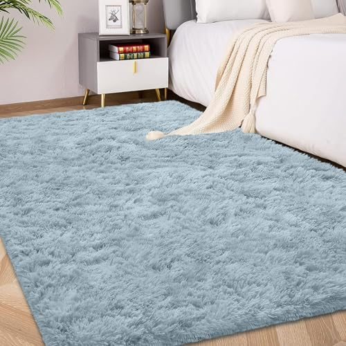 FVVRAX 90x150cm Ultra-Plush Duck Egg Blue Shaggy Area Rug for Bedroom & Living Room – Machine Washable Luxury Carpet, Non-Slip Fluffy Floor Mat for Cosy Homes, Nursery & Dorm Decor
