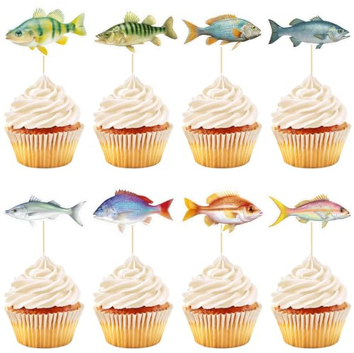 48 Pieces Fishing Cupcake Toppers Fishing Cupcake Picks for Kids Go Fishing Theme Party Baby Shower Birthday Party Decoration Supplies