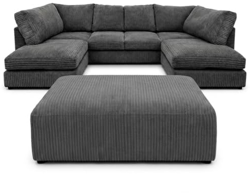 Anglo Jumbo Cord U Shaped Sofa, 2 in 1 Convertible Sofa Bed With Movable Footstool, Comfortable Sofa with Deep Seat High Back Cushions, Elevate Your Living Style With our Wooden Frame Sofa
