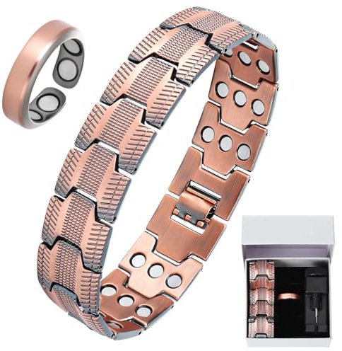 Bracelet Cuivre Homme, 3 Rangées Bracelet Magnetique Homme avec Outil de Réglage, Anneau et Coffret Cadeau, Soulage Les Douleurs Articulaires, Bracelet Homme Réglable pour Pères et Seniors