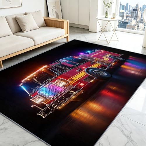 Teppich Schlafzimmer Amerikanisches Feuerwehrfahrzeug Erwachsener Kind Wohnzimmer Terrasse Teppiche Rutschfeste Flauschiger Teppich Waschbar Industriell mechanisch Flanell Teppiche Gegend 80 x 150 cm