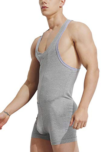 KAMUON Men’s Sexy One Piece Cotton Bodysuit Underwear Leotards Onesie Shapewear (US M (Asian Tag L), Grey)