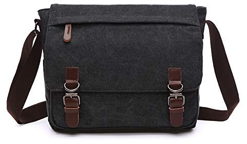 Rufun Bolso Bandolera de Hombro Lienzo Laptop Maletín Bolsa para la Escuela (Negro, M)