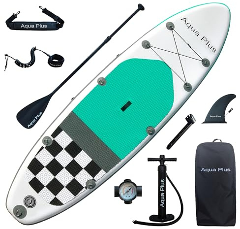 Aqua Plus Sup Gonflable de 15 cm d'épaisseur pour Tous Les Niveau x de compétence Planche à pagaie Debout, pagaie, Pompe, Sac à Dos de Voyage ISUP, Laisse, bandoulière, Jeune, Adulte