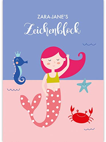 1 personalisierter Lustiger Kinder Malblock A3 mit kleiner Meerjungfrau mit Namen • Zeichenblock Skizzen-Block 25 Blatt blanko, kopfverleimt, Papier 100g/m²- für Schule, Basteln, Hobby