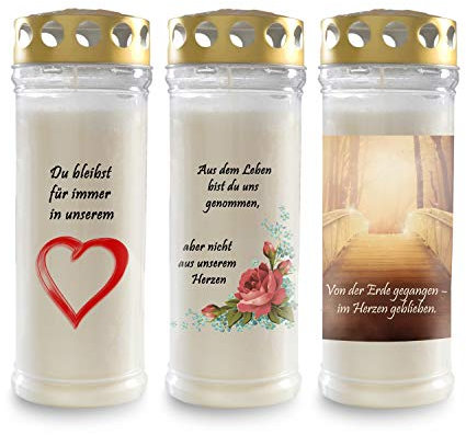Kimiza 3er Set Gedenkkerze, Grabkerze, Brenndauer ca. 7 Tage (Herz/Rose/Brücke)