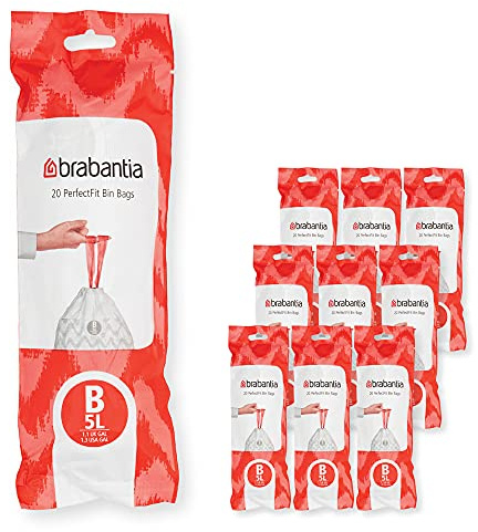 Brabantia 100314 PerfectFit Bin Liners Multipack (Size B/5 Litre) Thick Plastic Trash Bags with Tie Tape Drawstring Handles (200 Bags), White