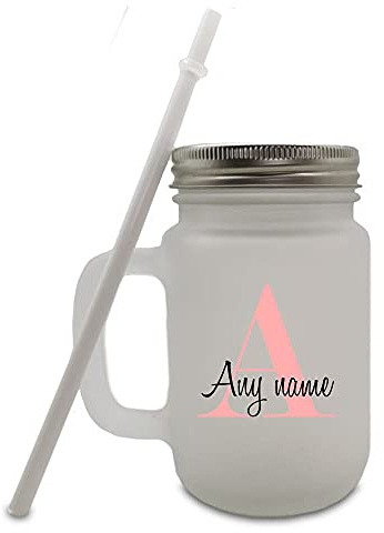 Personalised Colour Printed Frosted Mason Jar with Initial and Name Design, Personalise with Any Initial and Name