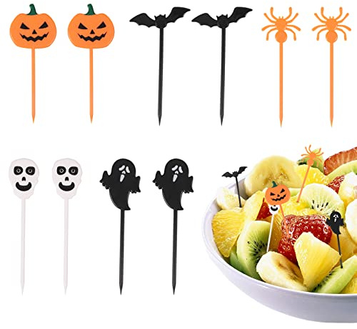 10 mini tenedores de frutas de Halloween, tenedor de frutas reutilizable para niños, palillo de dientes, decoración de frutas, tenedor de frutas, mini palillos de dientes para alimentos