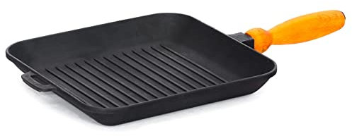 Bistecchiera quadrata in ghisa, 28 cm, manico in legno, per barbecue a gas, forno, braciere e tutti i piani cottura, incl. induzione