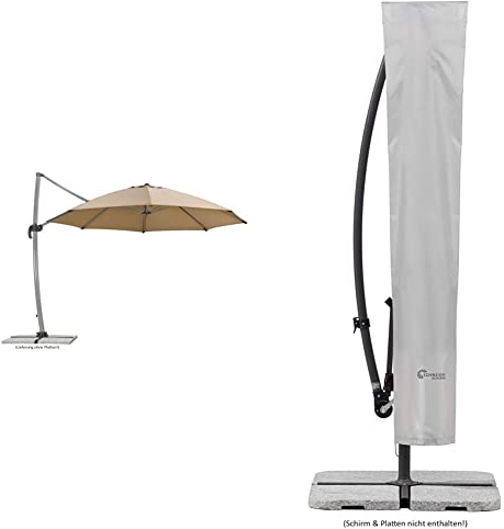Schneider Sonnenschirm Rhodos Rondo, sand, 350 cm rund, 792-16, Gestell Aluminium, Bespannung Polyester, 22.4 kg & Schutzhülle für runde Ampelschirme bis 300 cm Ø, 813-00, silbergrau
