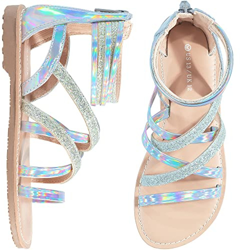 FUPPIA Sandali piatti da ragazza, stile principessa, con punta aperta, con cerniera, sandali bassi alla gladiatore, con cinturino regolabile, scarpe piatte estive, argento, 33 EU