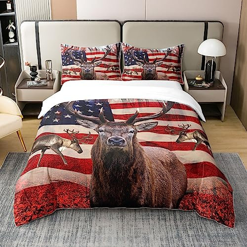 Set di biancheria da letto per bambini, ragazzi e adolescenti, motivo bandiera americana, 100% cotone, motivo con cervo, motivo con stelle e federazioni americane, con 2 federe