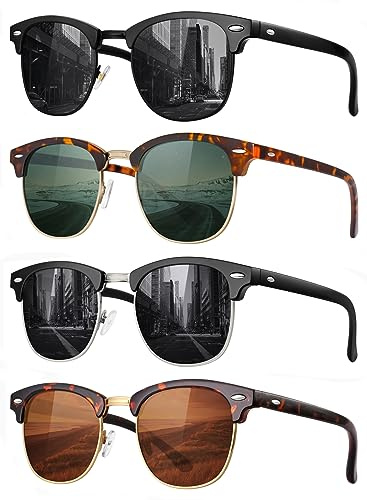 FURISHQI 4 Pack Classic Polarized Sunglasses for Men and Women Retro Style Semi Rimless Frame 100% UV Protection