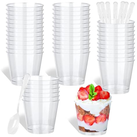 URHELP Pack of 50 Dessert Cups with 50 Spoons, 200 ml Clear Dessert Bowls, Reusable Dessert Cups, Round Cups for Home Desserts Pudding Mousse ice Cream Party