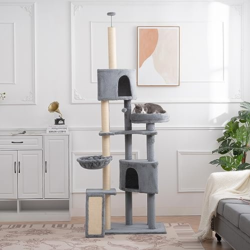 LKJYBG Kratzbaum für Indoor-Katzen, 266,7 cm hoch, Katzenturm, mehrstöckiges Katzenhaus mit 3 Sitzstangen, 2 Höhlen, gemütlicher Korb, Kratzbrett, Haustierbedarf, Grau