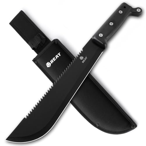 REAT Machete with Saw, 17 Full Tang Fixed Blade Hunting Knife with Sheath, Ergonomic No-Slip Handle,Machetes for Cutting Trees,Yard Work,Bushcraft, Survival