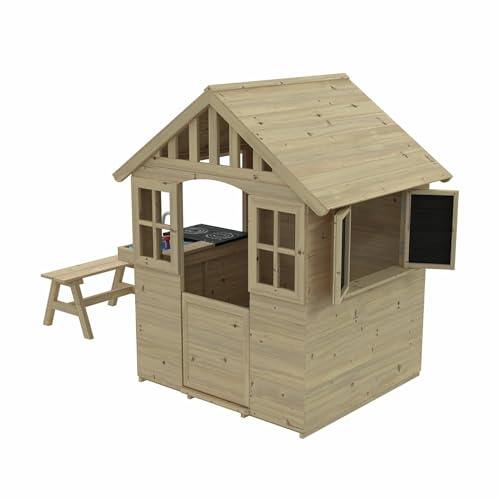 TP Toys Dandelion Cottage Playhouse With Mud Kitchen, Table & Bench And Shutters. Pitched Roof And Veranda, Open Design With Stable Door, Wooden Playhouse, FSC Certified Wood - Suitable For 18+ Months