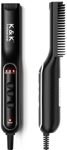 K&K Beard Straightener Brush for Men, Mini Ceramic Plate Electric Hot Mustache Comb PTC Heater 30s Fast Heat Multifunctional Women Short Hair Brush with 2 Temperatures Setting