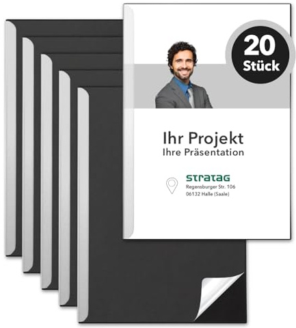 STRATAG Klemmschienen-Set (20 Stück) mit transparentem Deckel aus PP Kunststoff sowie Binderücken aus stabilem 350 g/m² Karton (Klemmmappe A4 Schwarz)