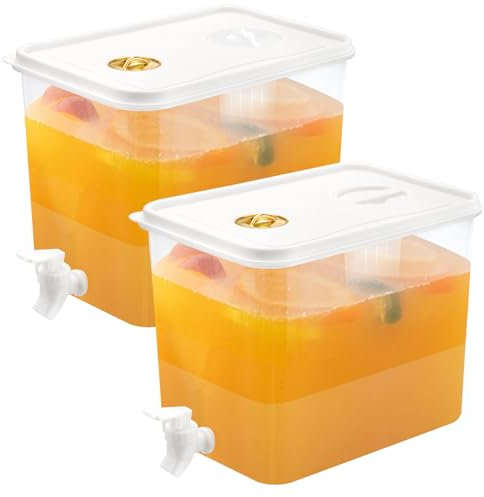 2 PCS 2 Gallon Fridge Beverage Drink Dispenser with Spigot Leak Proof Lids Filter Screen Juice Container Sealed Plastic Lemonade Water Milk Cold Hot Drink Tea Jug for Parties